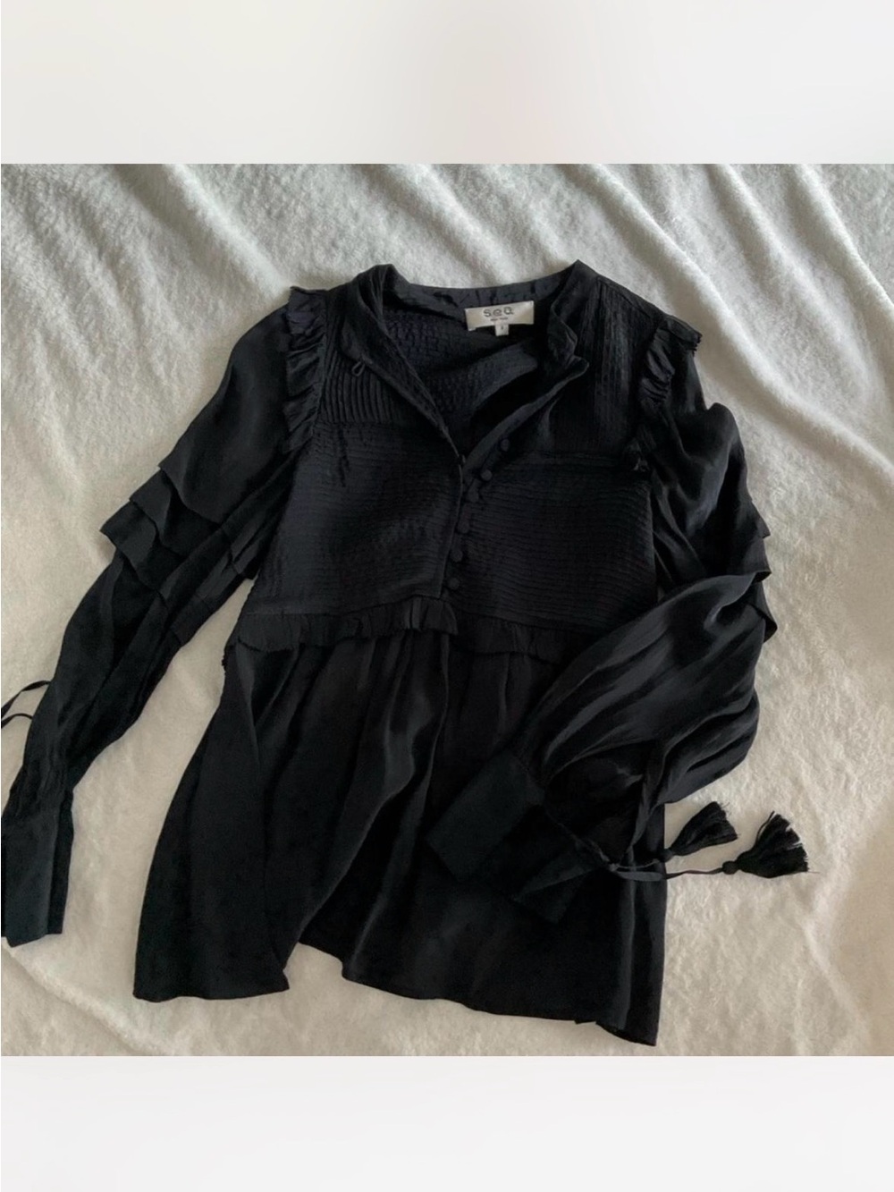 Sea New York Black Ruffled Smocked-Waist Blouse